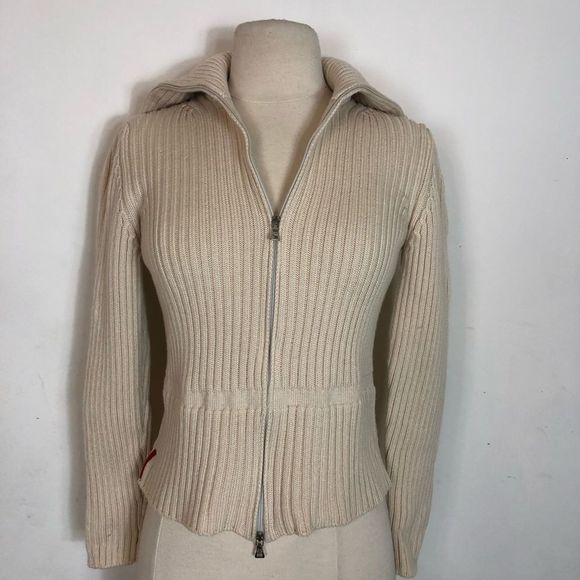 !!SOLD!! Vintage PRADA cream 100% Wool full zip, ribbed cardigan sweater Small - Picture 11 of 13